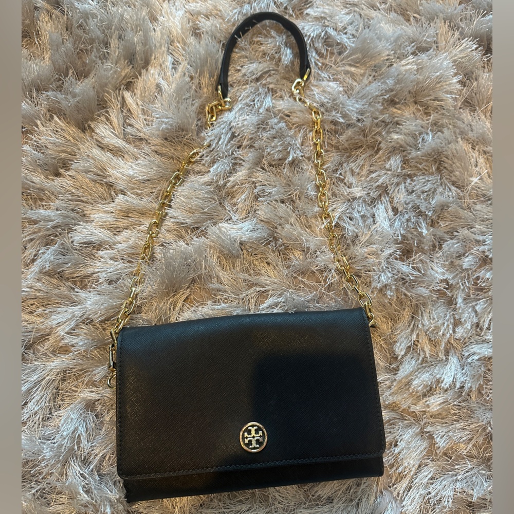 Tory Burch Black and Gold Crossbody Bag with Iconic Logo